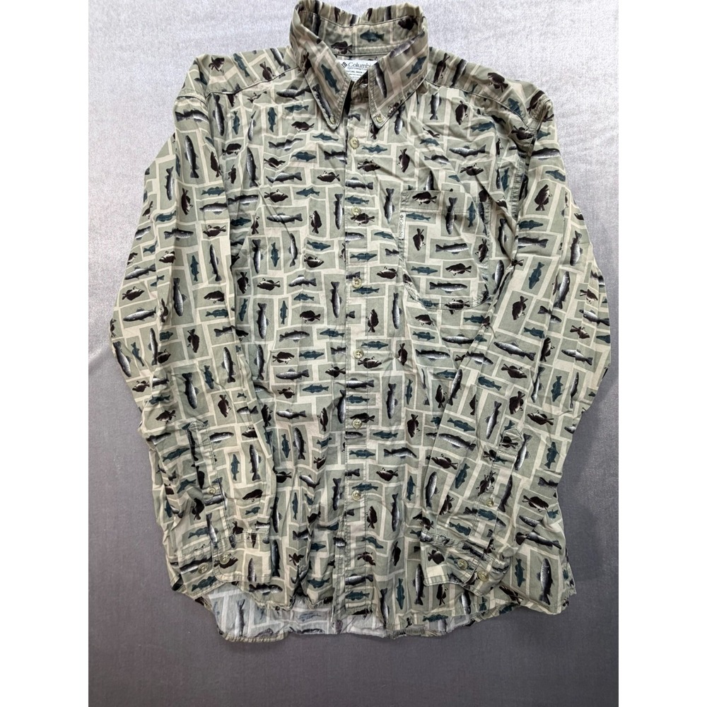 Vintage Men Columbia Long Sleeve Shirt Button Up All Over Fish Print XL